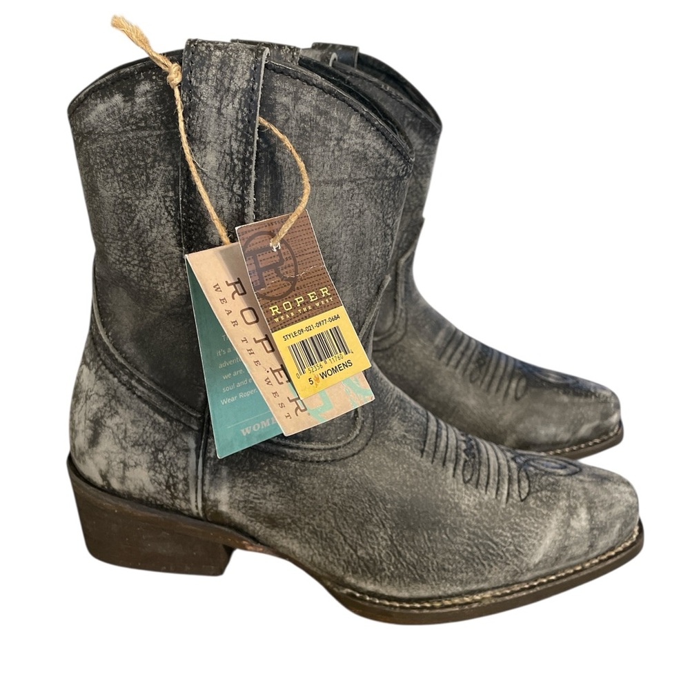 Roper Dusty Women’s Snip Toe Western Boots Black Leather Size 5 Distressed New